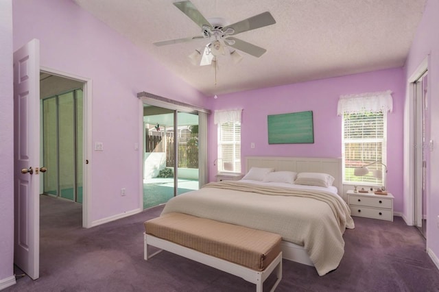 2991 Covewood Pl, Clearwater, FL 33761 - carpeted bedroom with access to exterior, vaulted ceiling, a ceiling fan, a textured ceiling, and baseboards