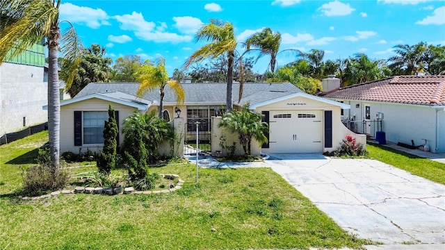 single story home featuring a garage, driveway, a front yard, and fence