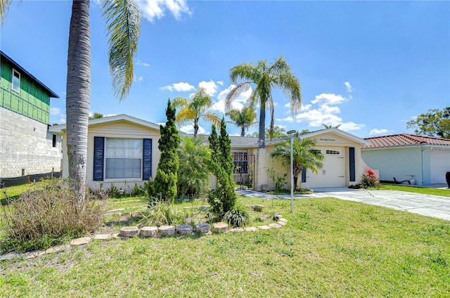 ranch-style home featuring an attached garage, concrete driveway, and a front yard