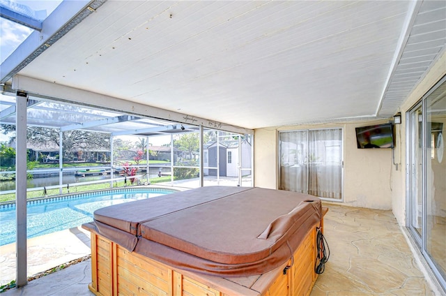 exterior space with a shed, glass enclosure, an outdoor structure, an outdoor pool, and a hot tub