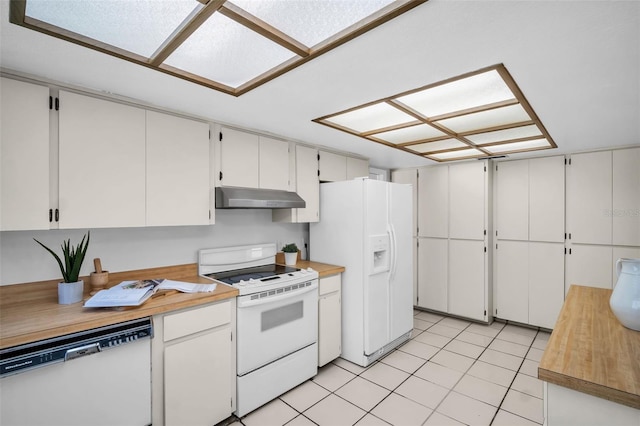 2462 Indian Trl E, Palm Harbor, FL 34683 - kitchen featuring white appliances, under cabinet range hood, light tile patterned floors, and white cabinetry