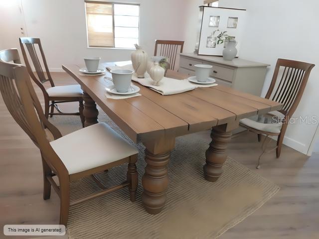 dining area with light wood-type flooring and baseboards