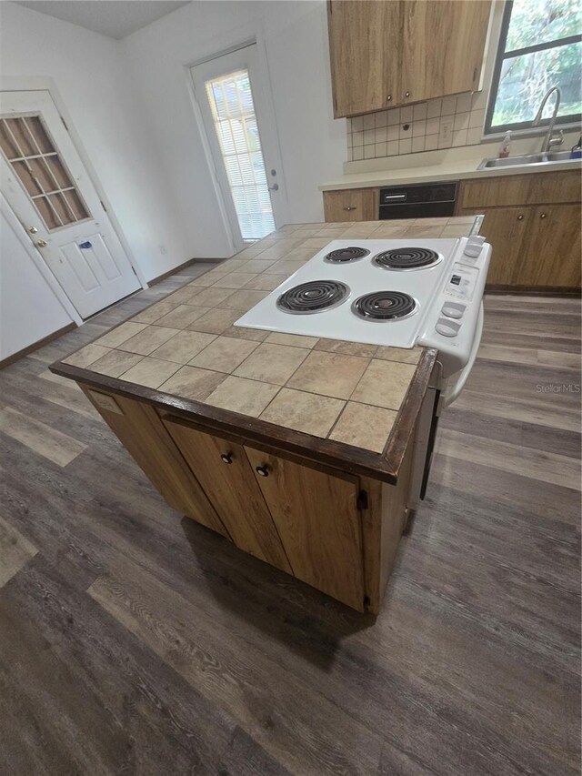 kitchen with a sink, decorative backsplash, black dishwasher, and dark wood finished floors