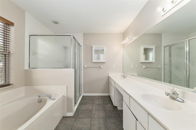 4575 NW 30th Pl, Ocala, FL 34482 - bathroom with a bath, a sink, tile patterned floors, and a shower stall