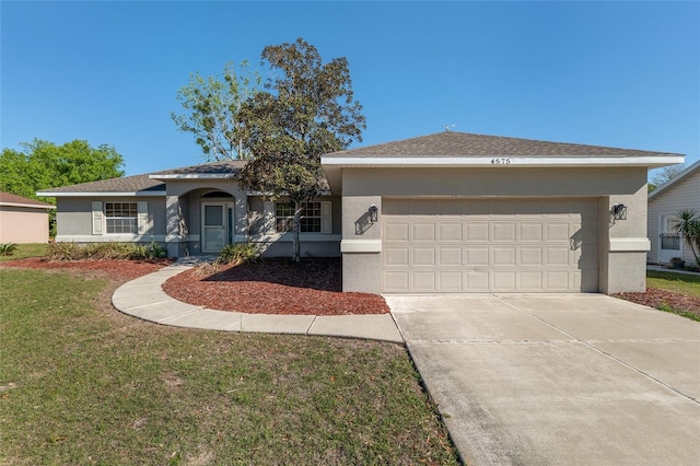 4575 NW 30th Pl, Ocala, FL 34482 - ranch-style house with concrete driveway, stucco siding, roof with shingles, a front yard, and a garage