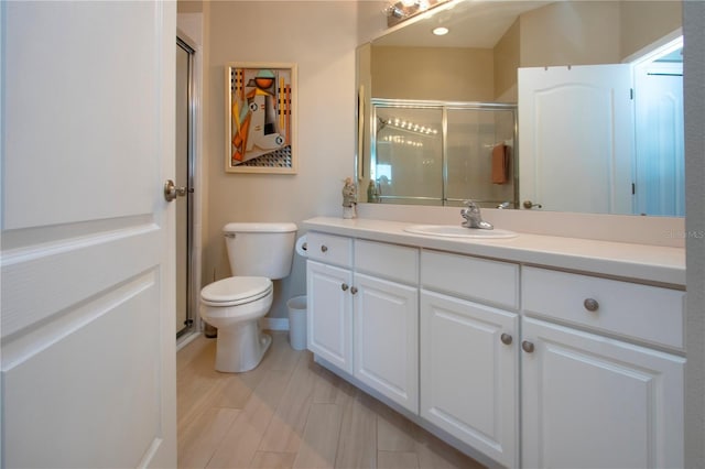 full bathroom featuring vanity, toilet, and a shower stall