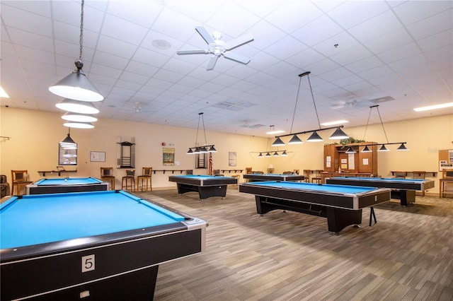 rec room with carpet floors, a paneled ceiling, a ceiling fan, and billiards