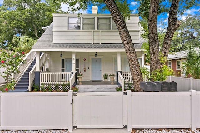 819 11th St N, Saint Petersburg, FL 33705 - view of front facade with a fenced front yard, stairway, a porch, roof with shingles, and a gate