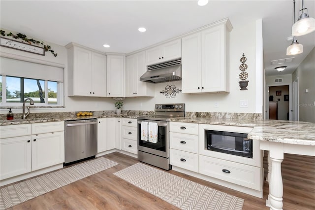 kitchen with a sink, white cabinetry, wood finished floors, appliances with stainless steel finishes, and under cabinet range hood