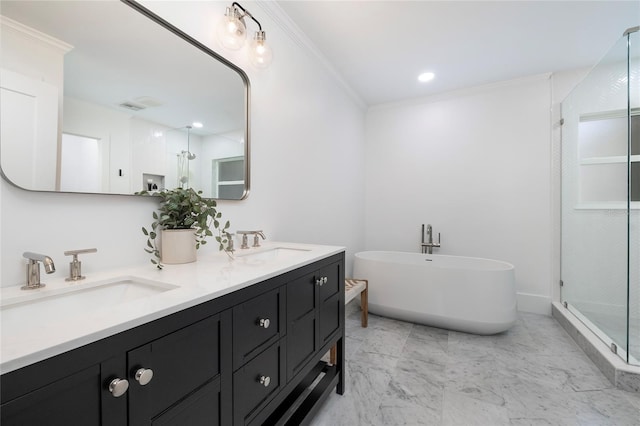 full bathroom featuring crown molding, a sink, double vanity, a soaking tub, and a stall shower