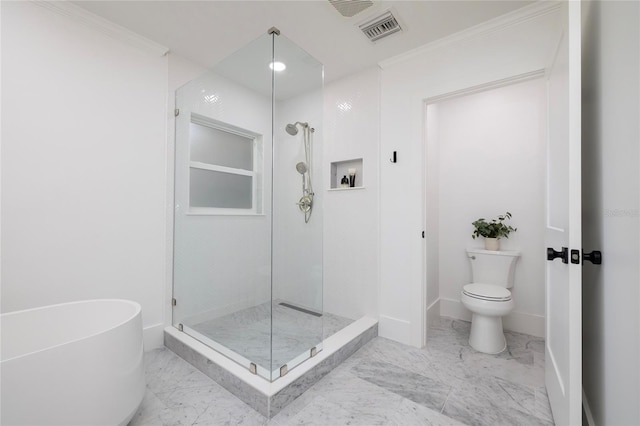 full bathroom with toilet, marble finish floor, visible vents, ornamental molding, and a stall shower