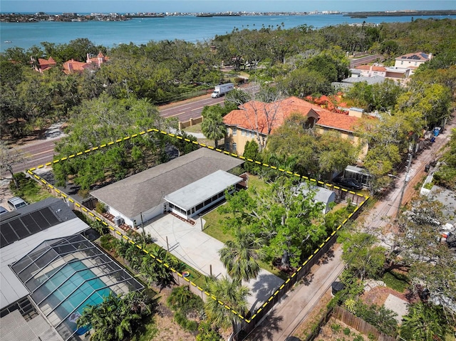 drone / aerial view featuring a water view
