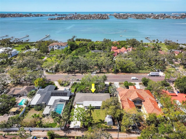aerial view with a water view and a residential view
