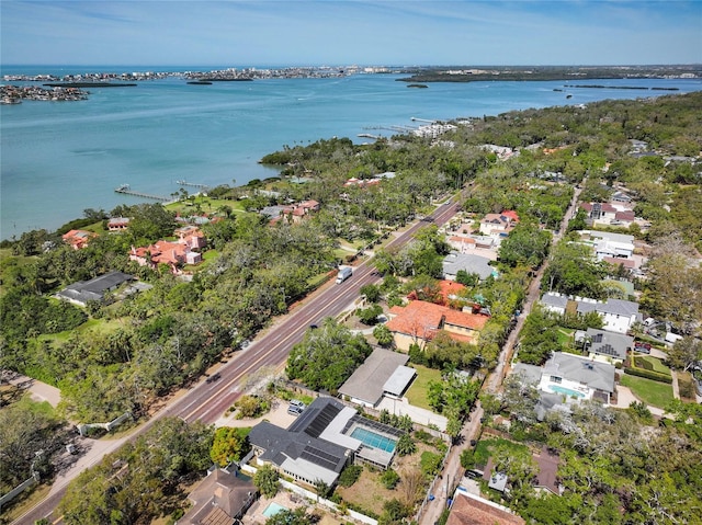 birds eye view of property with a water view and a residential view