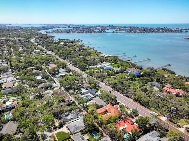 bird's eye view featuring a residential view and a water view
