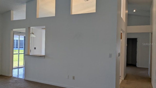 interior space with carpet flooring, a high ceiling, and baseboards