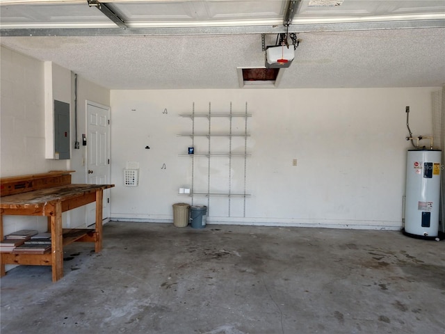 garage with electric panel, a garage door opener, and electric water heater