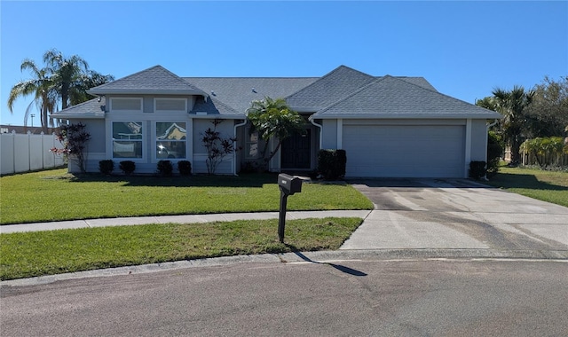 ranch-style home featuring fence, a front yard, stucco siding, a garage, and driveway