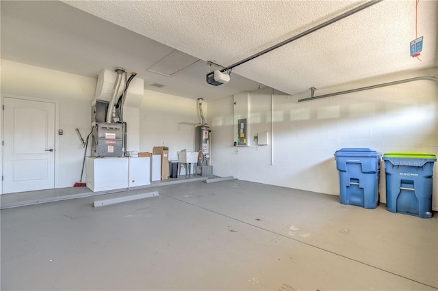 garage featuring heating unit, gas water heater, electric panel, and a garage door opener