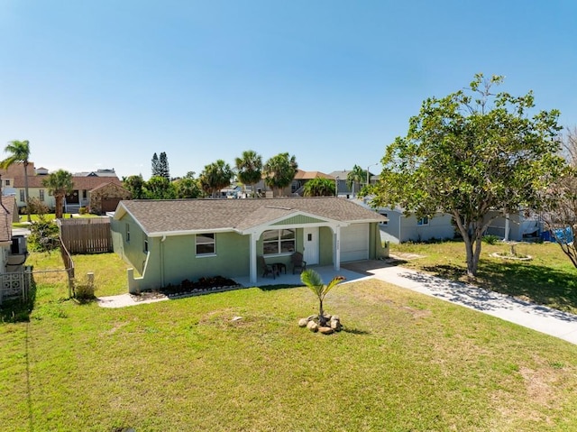 7322 Mako Dr, Hudson, FL 34667 - single story home featuring stucco siding, fence, driveway, a front lawn, and a garage