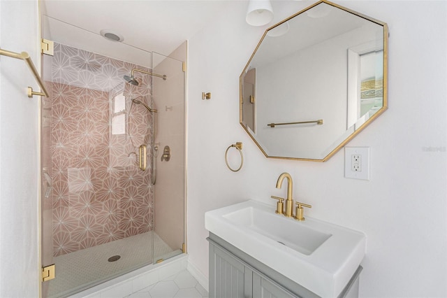 bathroom featuring vanity, tile patterned flooring, and a stall shower