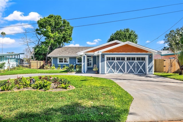 view of front facade featuring driveway, a garage, fence, and a front lawn