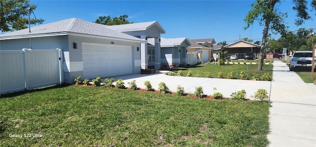 single story home with a front lawn, driveway, fence, an attached garage, and stucco siding
