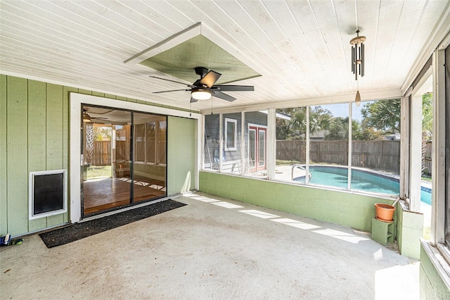 1366 Wexford Dr N, Palm Harbor, FL 34683 - unfurnished sunroom with ceiling fan and wooden ceiling