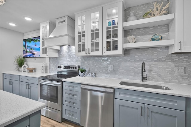 812 Gulf # 3, Indian Rocks Beach, FL 33785 - kitchen with a sink, open shelves, appliances with stainless steel finishes, custom exhaust hood, and decorative backsplash