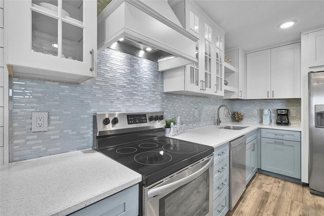 812 Gulf # 3, Indian Rocks Beach, FL 33785 - kitchen with white cabinets, stainless steel appliances, a sink, custom range hood, and backsplash