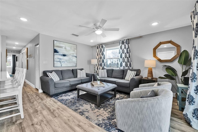 812 Gulf # 3, Indian Rocks Beach, FL 33785 - living room with visible vents, baseboards, ceiling fan, wood finished floors, and recessed lighting