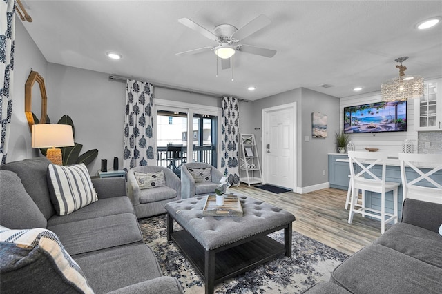 812 Gulf # 3, Indian Rocks Beach, FL 33785 - living area featuring baseboards, light wood-type flooring, recessed lighting, and a ceiling fan