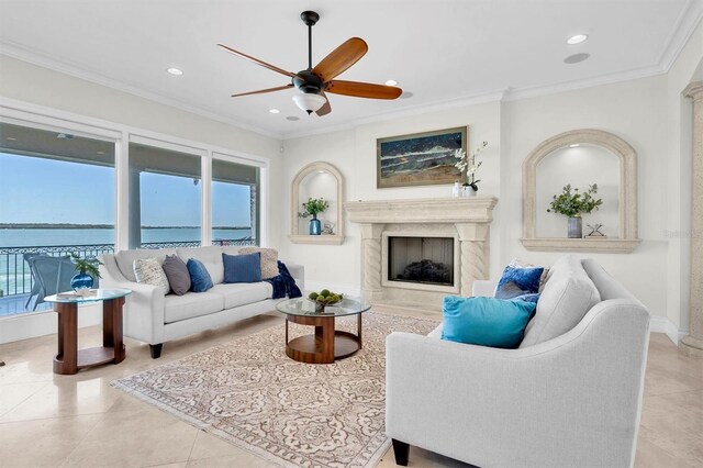 700 126th Ave, Treasure Island, FL 33706 - tiled living area featuring a wealth of natural light, recessed lighting, ornamental molding, and a ceiling fan