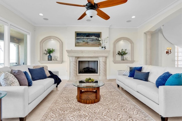 700 126th Ave, Treasure Island, FL 33706 - living area featuring a fireplace, ceiling fan, recessed lighting, and crown molding