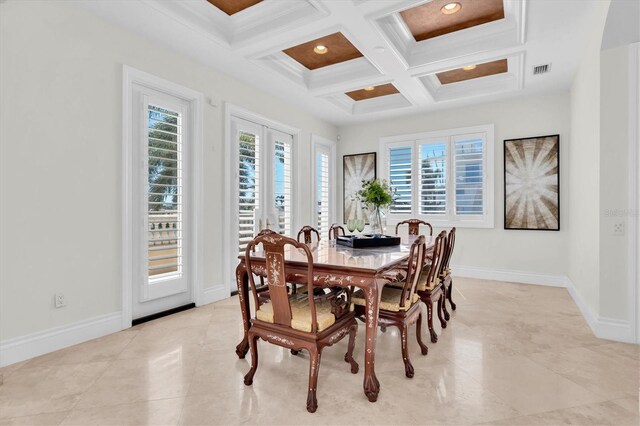 700 126th Ave, Treasure Island, FL 33706 - dining area with baseboards, visible vents, coffered ceiling, and beam ceiling