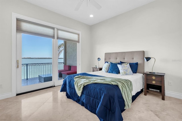 700 126th Ave, Treasure Island, FL 33706 - tiled bedroom featuring a water view, baseboards, ceiling fan, recessed lighting, and access to exterior