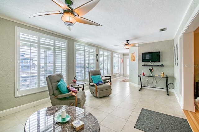 3545 Seaway Dr, New Port Richey, FL 34652 - living room with a ceiling fan, visible vents, light tile patterned flooring, a textured ceiling, and a textured wall