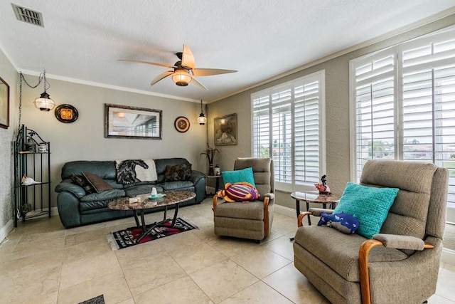 3545 Seaway Dr, New Port Richey, FL 34652 - living area with visible vents, a textured ceiling, a ceiling fan, and ornamental molding