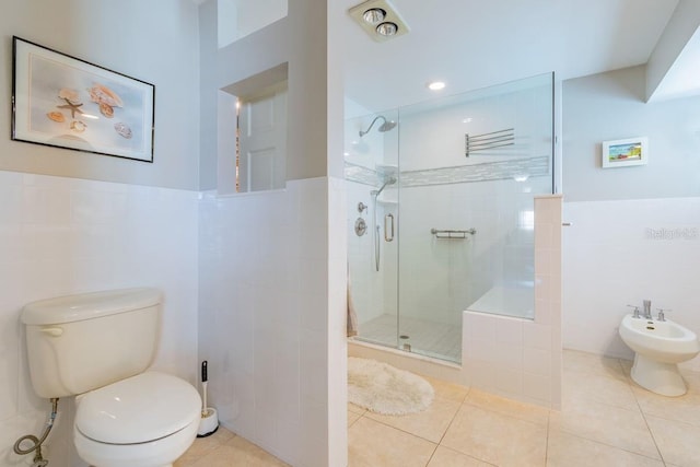 3545 Seaway Dr, New Port Richey, FL 34652 - full bathroom featuring toilet, a bidet, tile walls, tile patterned flooring, and tiled shower