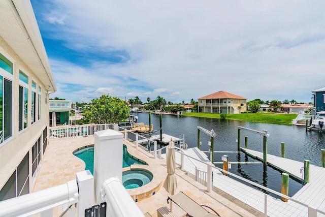 3545 Seaway Dr, New Port Richey, FL 34652 - view of dock featuring a fenced in pool, an in ground hot tub, a patio, and a water view