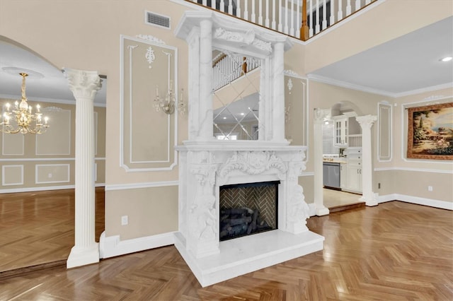 4404 Lake In The Woods Dr, Spring Hill, FL 34607 - unfurnished living room featuring arched walkways, decorative columns, baseboards, crown molding, and a high ceiling