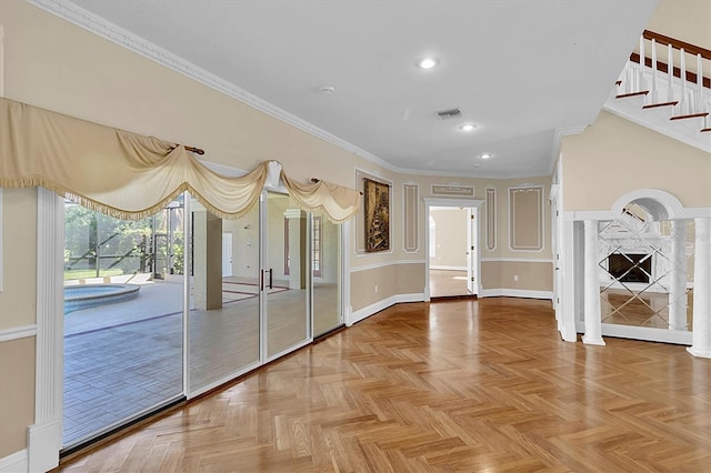 4404 Lake In The Woods Dr, Spring Hill, FL 34607 - unfurnished living room featuring crown molding, recessed lighting, baseboards, and stairs