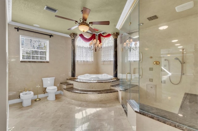 4404 Lake In The Woods Dr, Spring Hill, FL 34607 - bathroom with a bidet, a garden tub, ceiling fan, a shower stall, and toilet