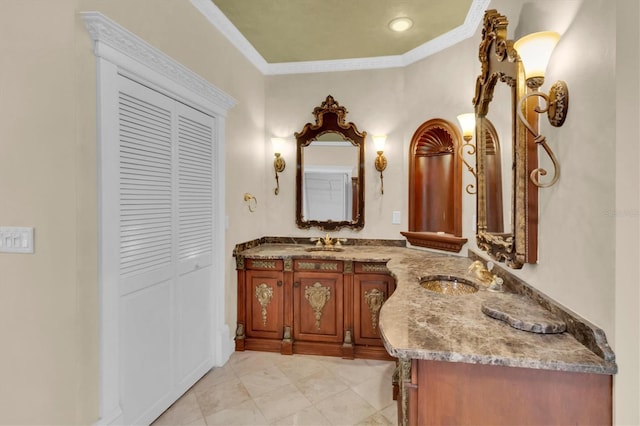 4404 Lake In The Woods Dr, Spring Hill, FL 34607 - full bath with a closet, double vanity, crown molding, and tile patterned flooring
