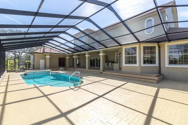 4404 Lake In The Woods Dr, Spring Hill, FL 34607 - view of pool with a patio, a pool with connected hot tub, ceiling fan, and glass enclosure