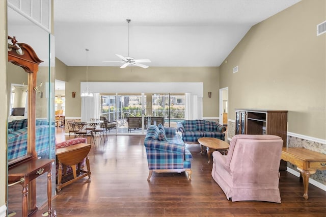 7472 Clearmeadow Dr, Spring Hill, FL 34606 - living area featuring high vaulted ceiling, wood finished floors, visible vents, and ceiling fan