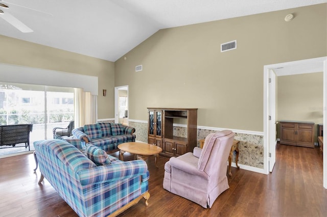 7472 Clearmeadow Dr, Spring Hill, FL 34606 - living room featuring visible vents, high vaulted ceiling, ceiling fan, and wood finished floors