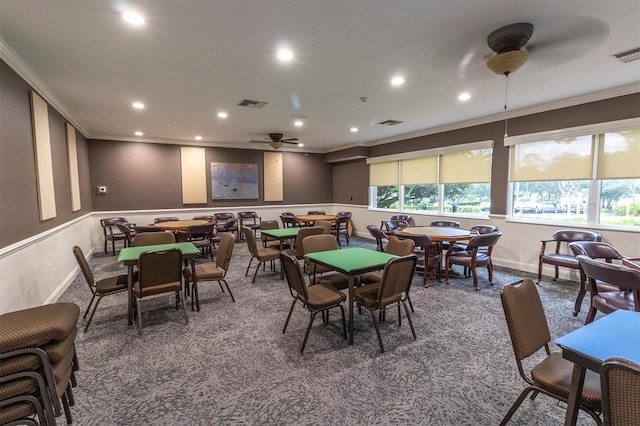 7472 Clearmeadow Dr, Spring Hill, FL 34606 - carpeted dining space featuring crown molding, recessed lighting, visible vents, and ceiling fan