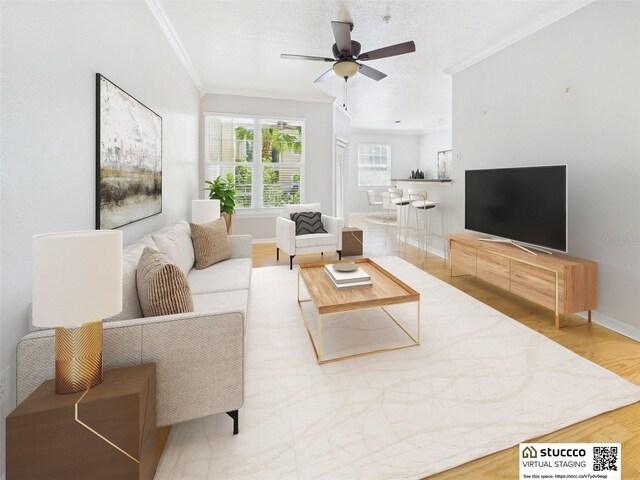 1810 E Palm Ave Unit 6104, Tampa, FL 33605 - living room featuring crown molding, wood finished floors, ceiling fan, and baseboards