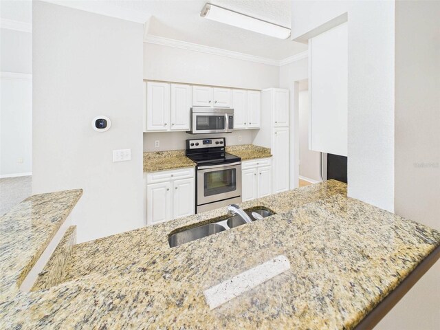1810 E Palm Ave Unit 6104, Tampa, FL 33605 - kitchen with appliances with stainless steel finishes, light stone counters, crown molding, a sink, and white cabinets